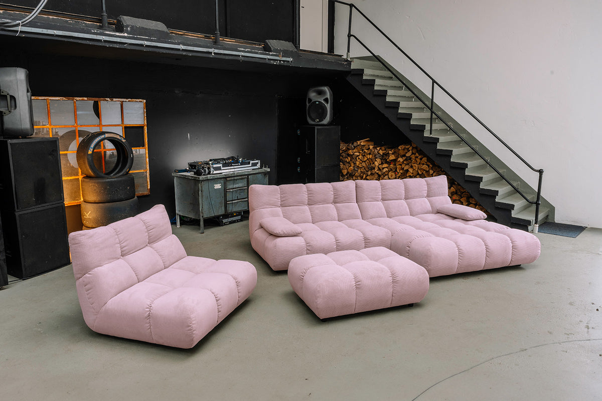 KAWOLA Sitzgruppe VIVIEN Ecksofa Drehsessel Hockerbank Feincord rosa, Rechts