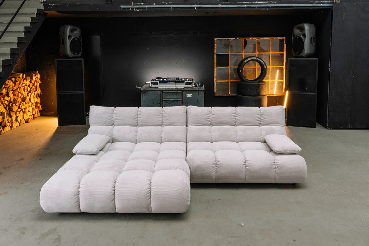 KAWOLA Sitzgruppe VIVIEN Ecksofa Drehsessel Hockerbank Feincord silber