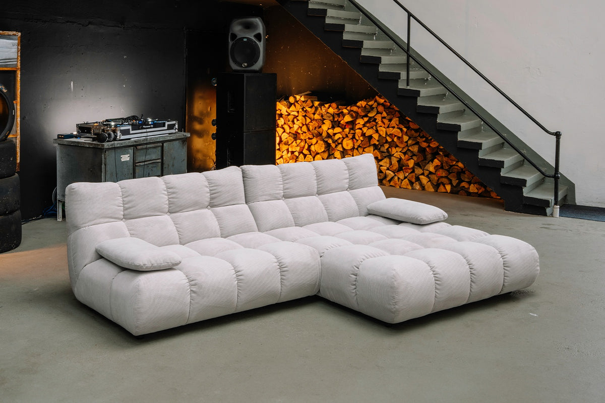 KAWOLA Sitzgruppe VIVIEN Ecksofa Drehsessel Hockerbank Feincord silber