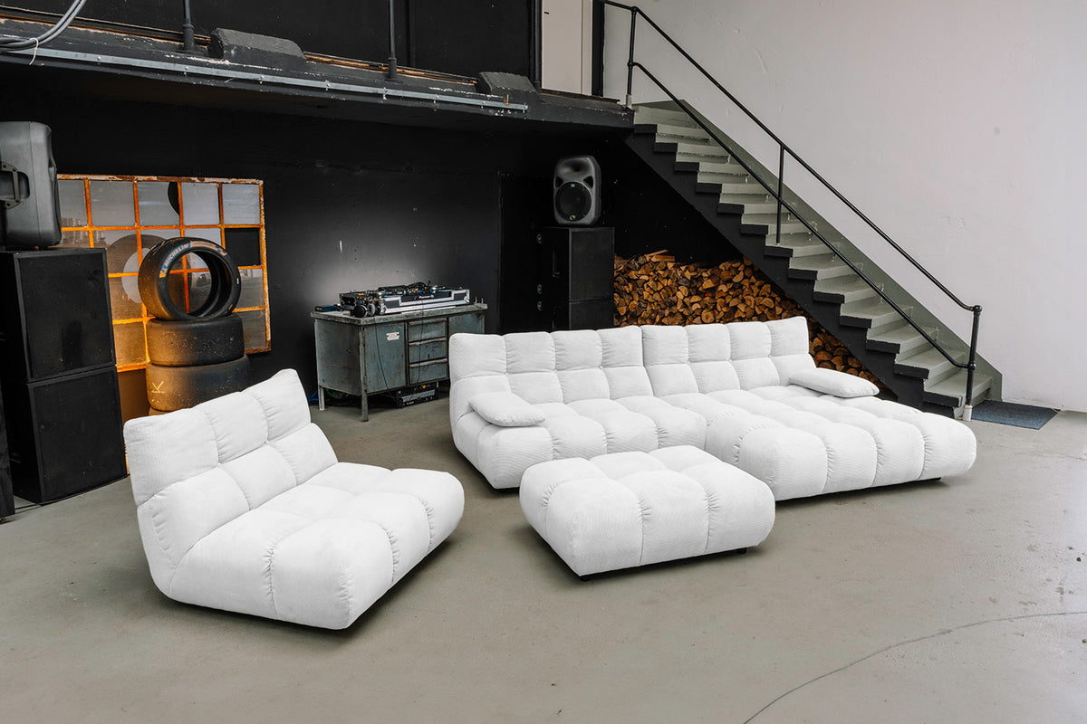 KAWOLA Sitzgruppe VIVIEN Ecksofa Drehsessel Hockerbank Feincord weiß, Rechts