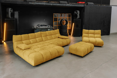 KAWOLA Sitzgruppe VIVIEN Ecksofa Drehsessel Hockerbank Velvet curry, Links