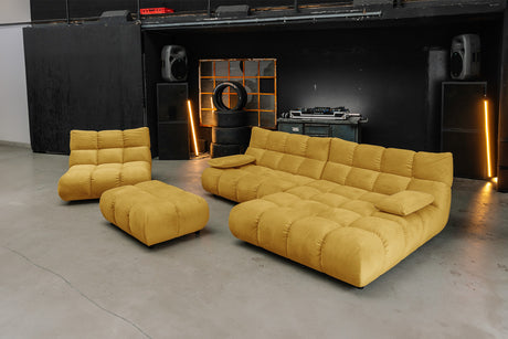 KAWOLA Sitzgruppe VIVIEN Ecksofa Drehsessel Hockerbank Velvet curry
