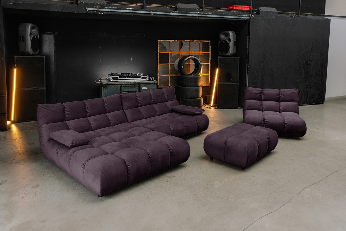 KAWOLA Sitzgruppe VIVIEN Ecksofa Drehsessel Hockerbank Velvet purple, Links