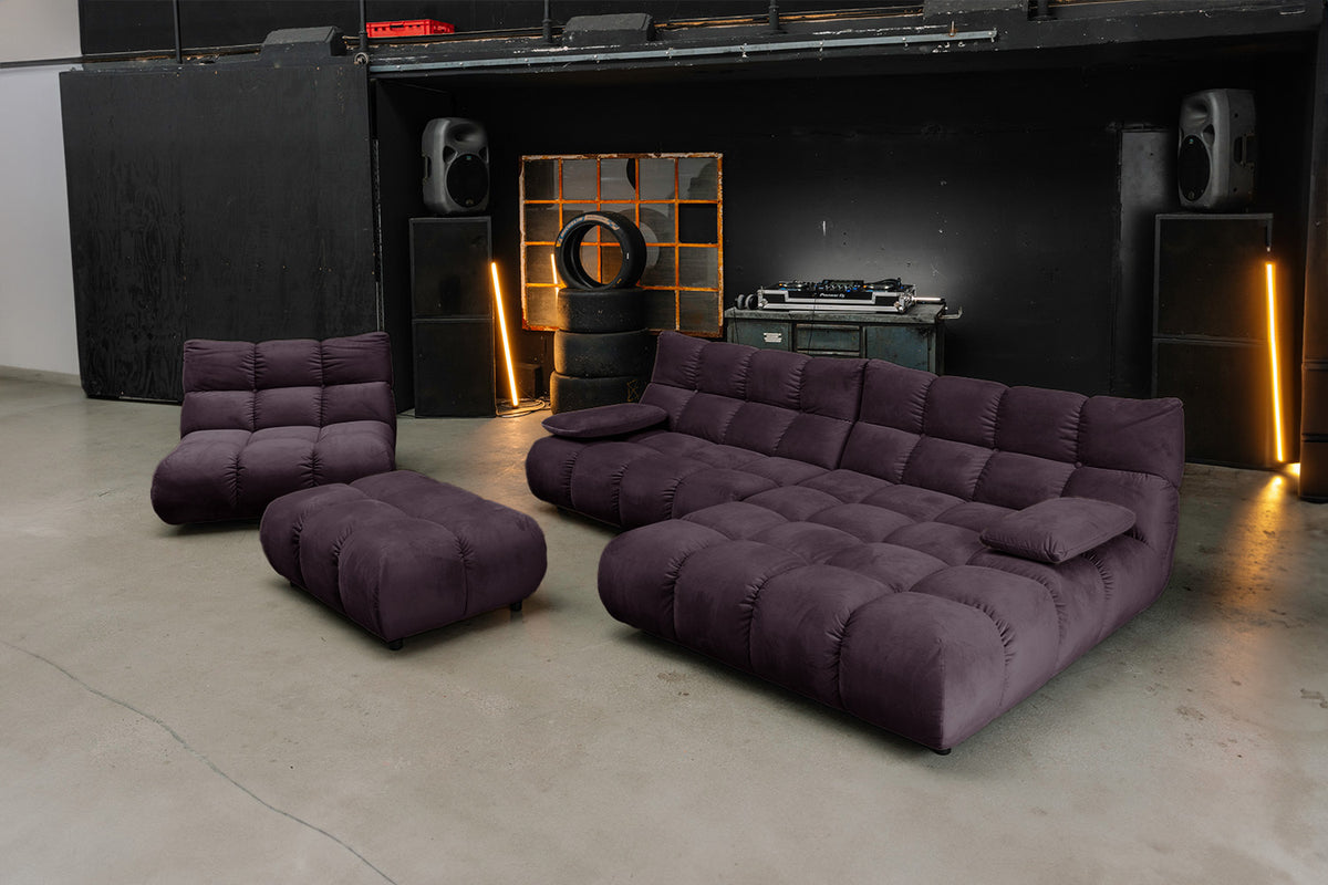 KAWOLA Sitzgruppe VIVIEN Ecksofa Drehsessel Hockerbank Velvet purple
