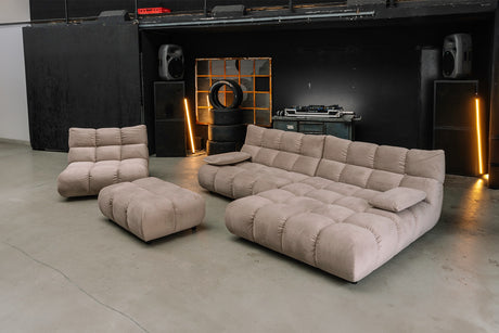 KAWOLA Sitzgruppe VIVIEN Ecksofa Drehsessel Hockerbank Velvet sand