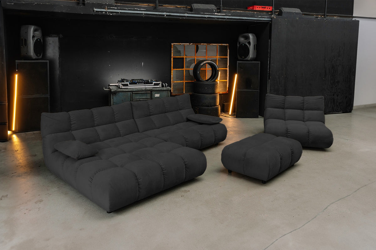 KAWOLA Sitzgruppe VIVIEN Ecksofa Drehsessel Hockerbank Velvet schwarz, Links