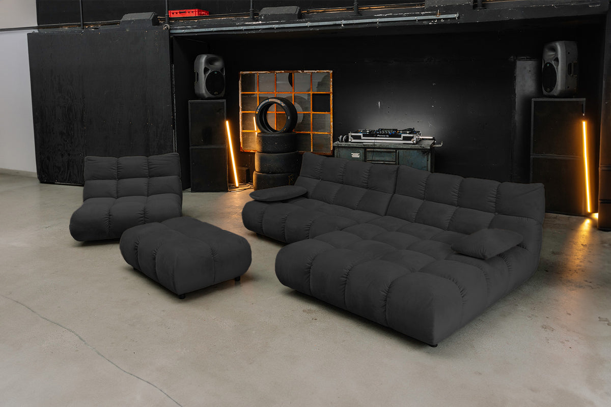 KAWOLA Sitzgruppe VIVIEN Ecksofa Drehsessel Hockerbank Velvet schwarz
