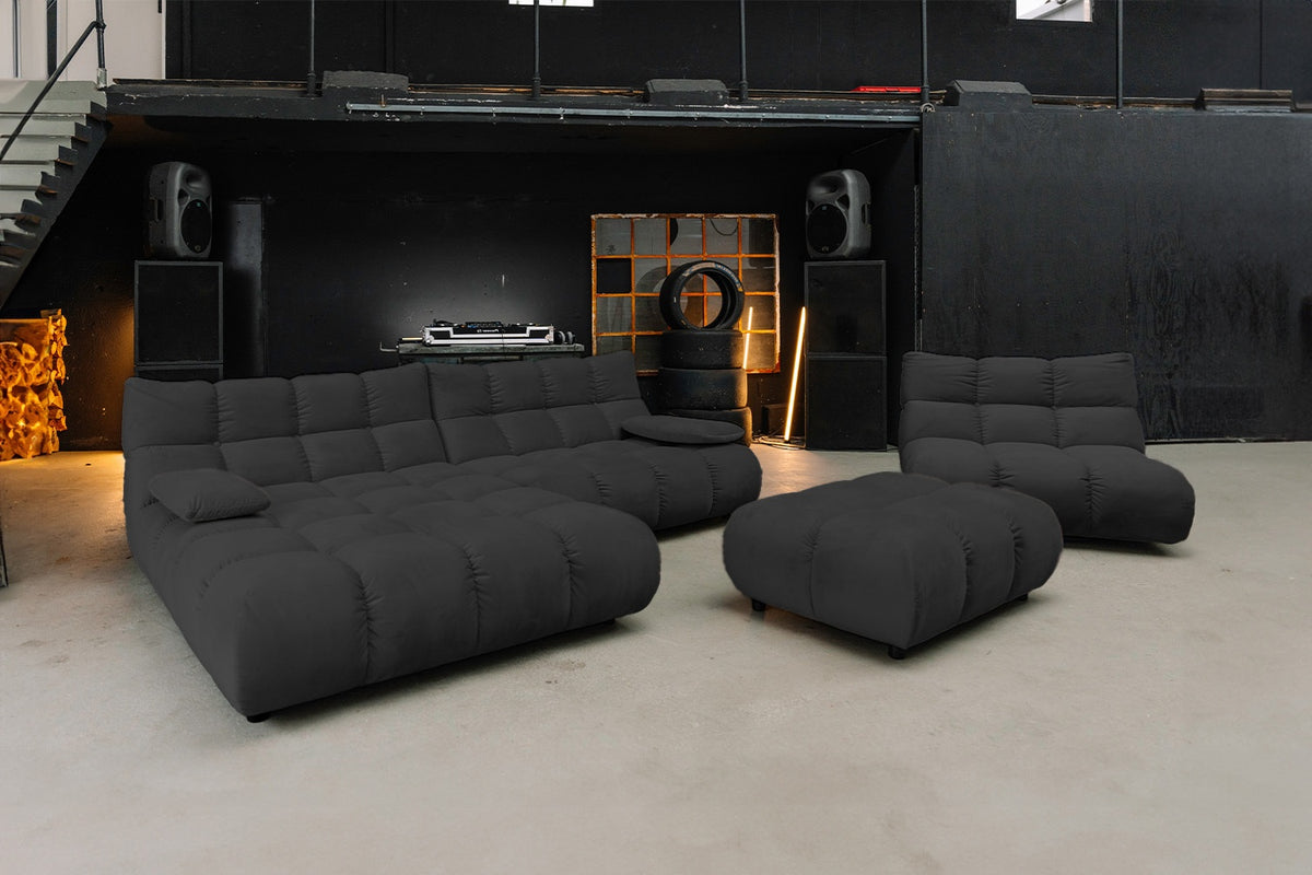 KAWOLA Sitzgruppe VIVIEN Ecksofa Drehsessel Hockerbank Velvet schwarz