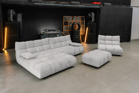 KAWOLA Sitzgruppe VIVIEN Ecksofa Drehsessel Hockerbank Velvet silber, Links