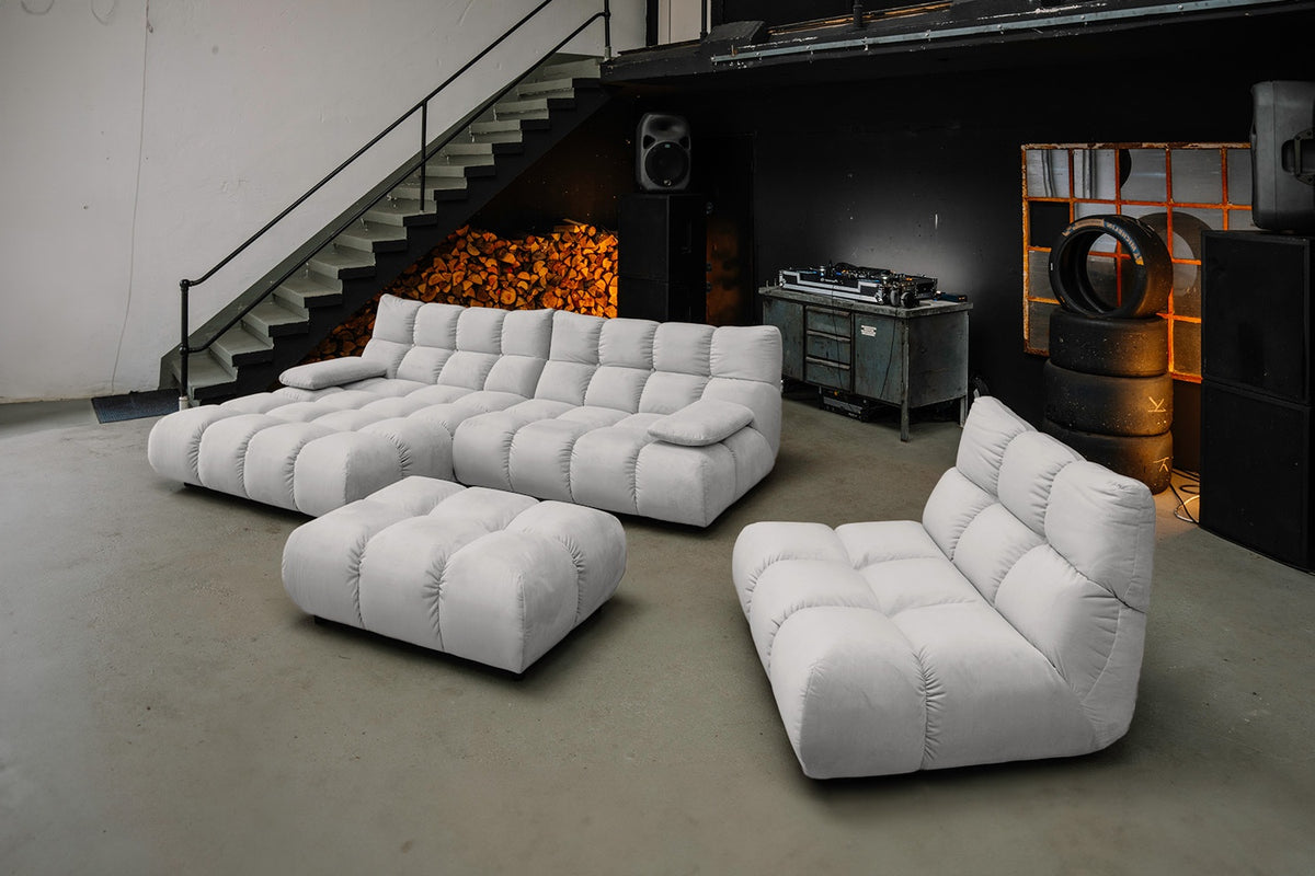 KAWOLA Sitzgruppe VIVIEN Ecksofa Drehsessel Hockerbank Velvet silber