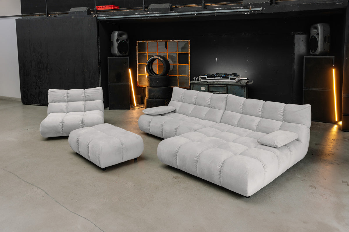 KAWOLA Sitzgruppe VIVIEN Ecksofa Drehsessel Hockerbank Velvet silber