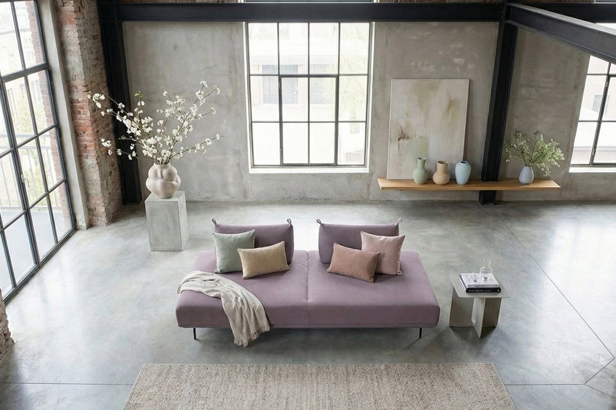 KAWOLA Sofa CANE Schlafsofa Daybed Stoff lila
