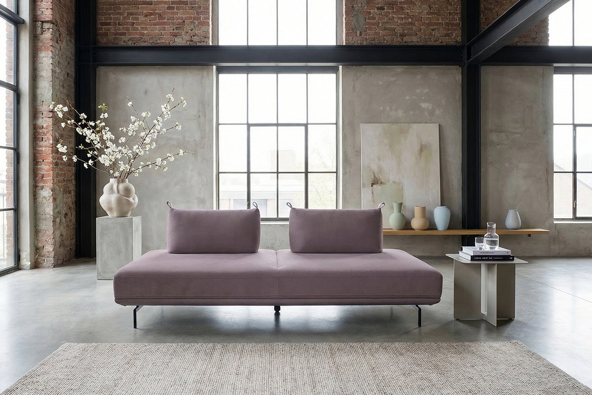 KAWOLA Sofa CANE Schlafsofa Daybed Stoff lila, ohne Armlehnkissen