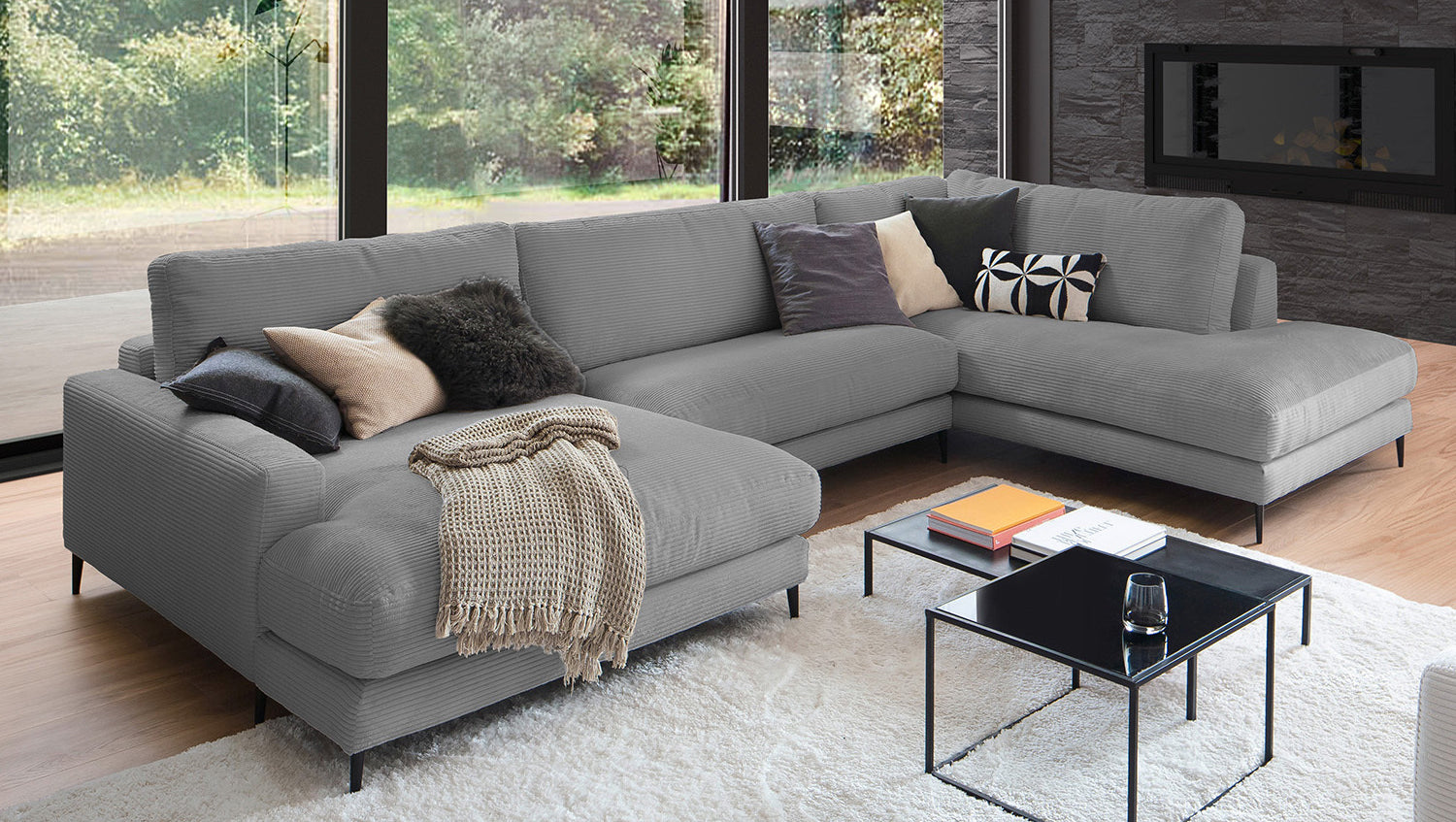 KAWOLA Sofa CARA Wohnlandschaft U-Form Cord grau