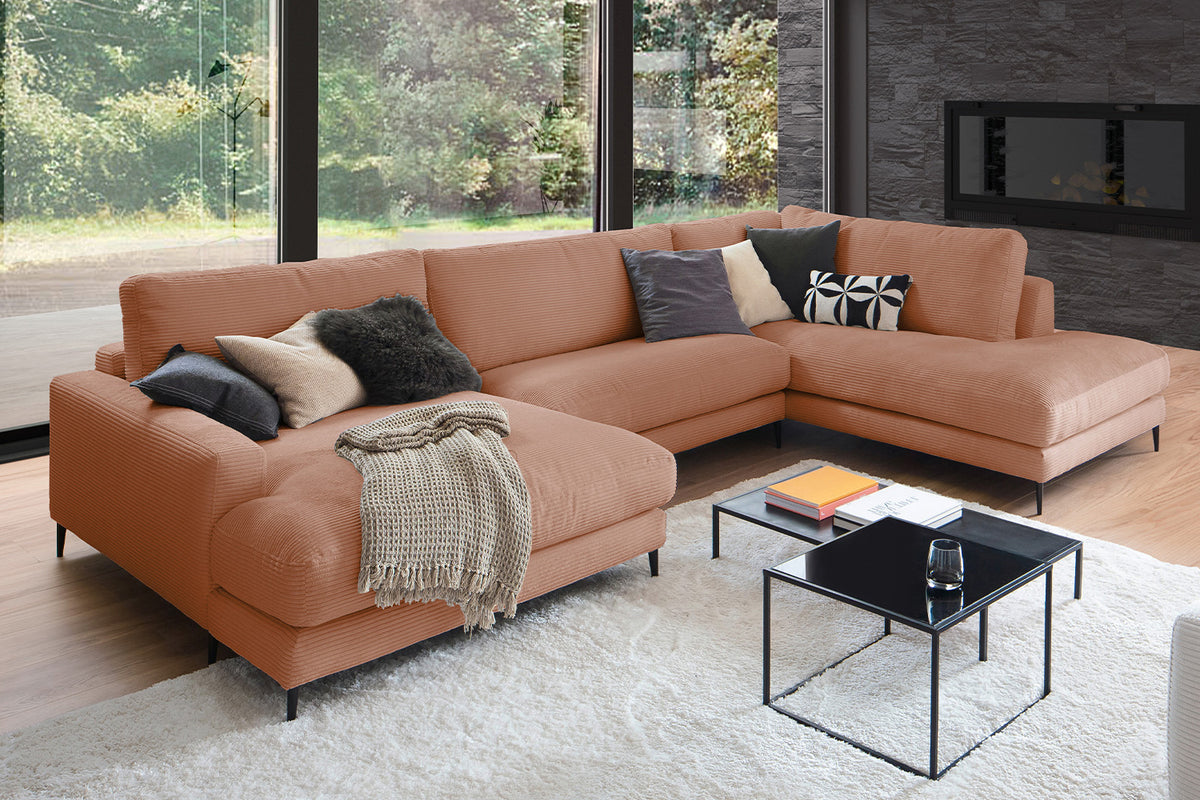 KAWOLA Sofa CARA Wohnlandschaft U-Form Cord rost