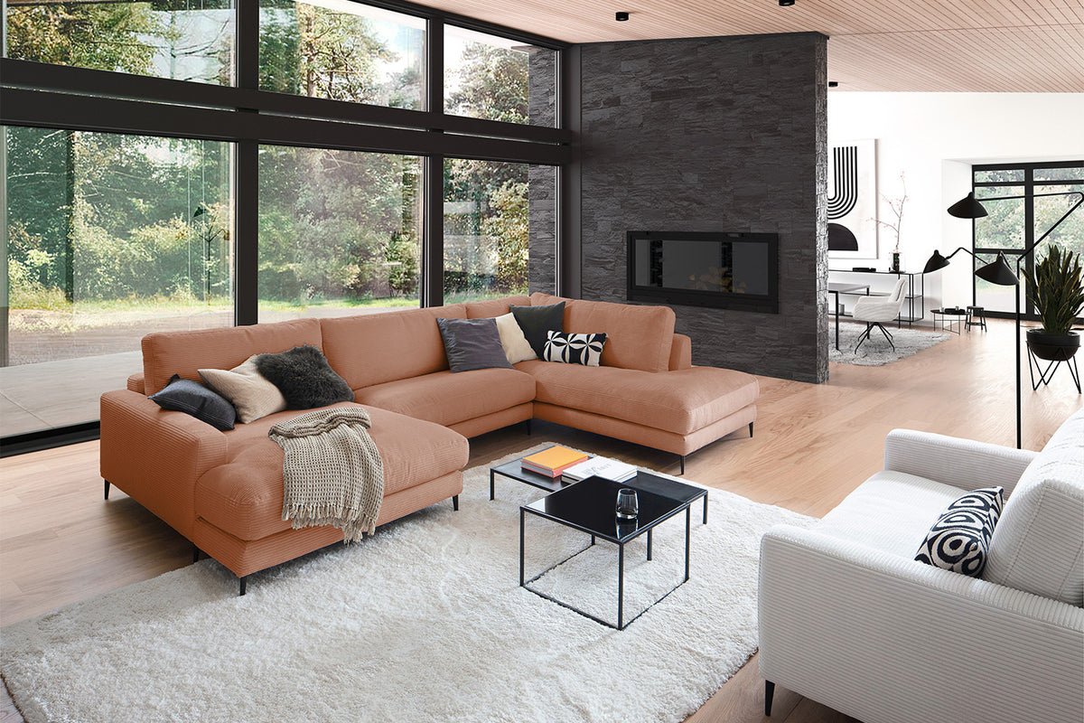 KAWOLA Sofa CARA Wohnlandschaft U-Form Cord rost, Links