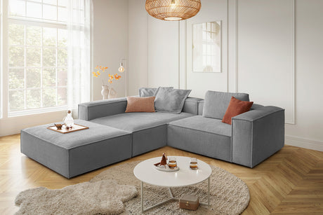KAWOLA Sofa CARMO Ecksofa Stoff grau, Links, Mit Fußhocker