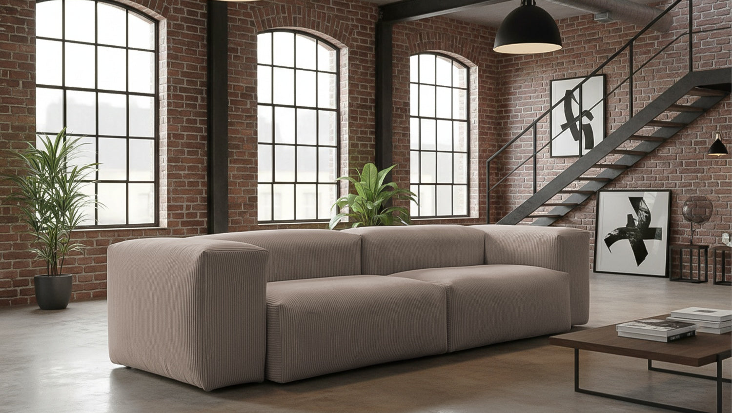 KAWOLA Sofa CELESTE 4-Sitzer mit Hocker Cord taupe