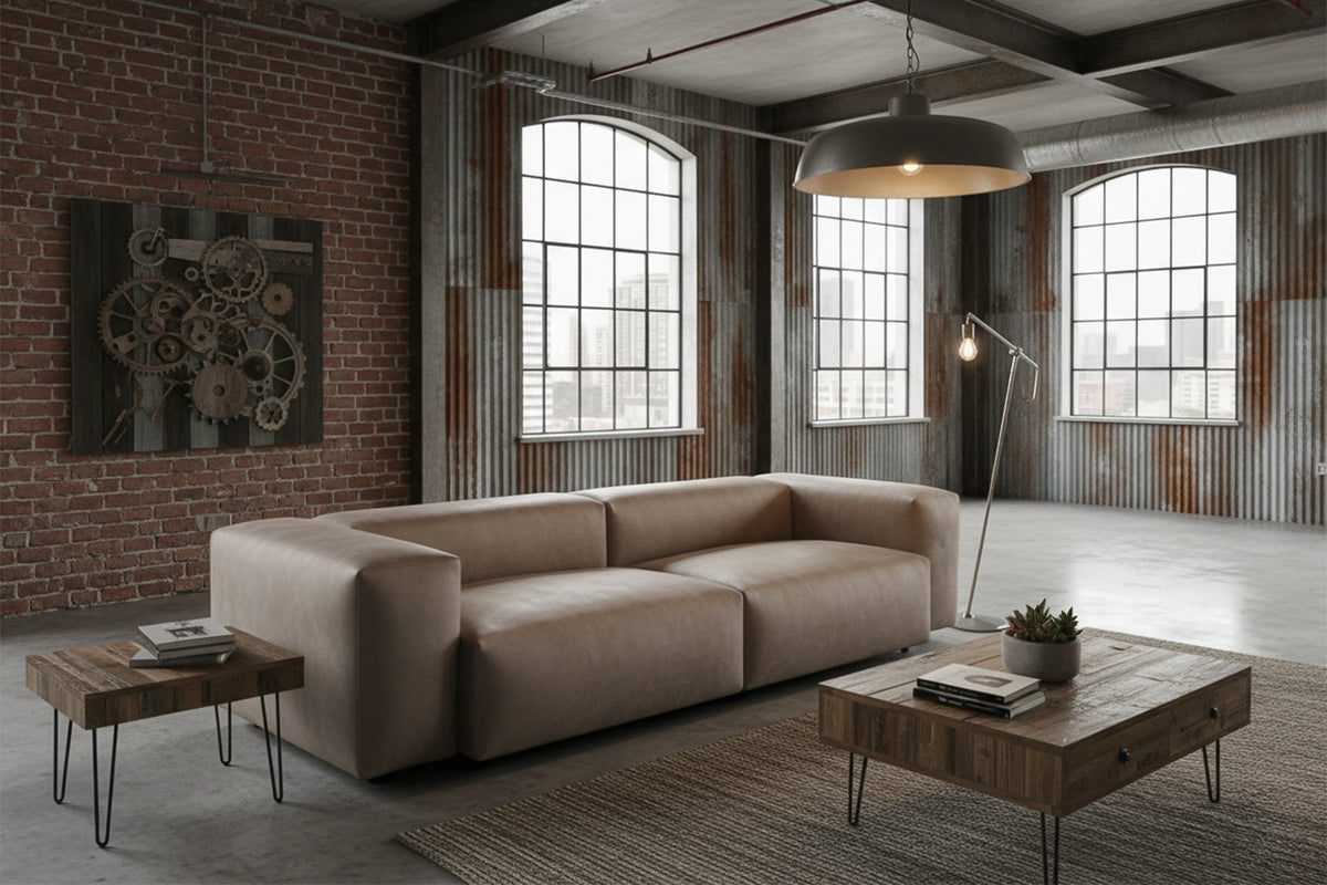 KAWOLA Sofa CELESTE 4-Sitzer mit Hocker Lederfaserstoff anthrazit