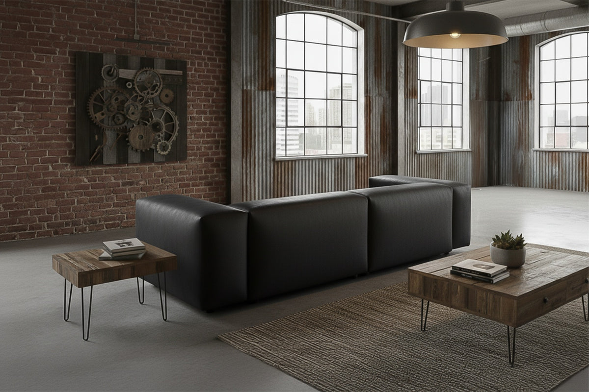 KAWOLA Sofa CELESTE 4-Sitzer mit Hocker Lederfaserstoff schwarz