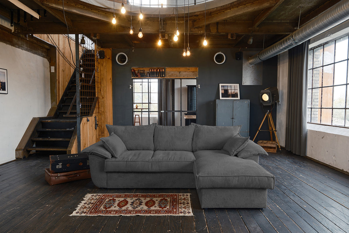 KAWOLA Sofa DAMETO Ecksofa Bettsofa Schlafsofa mit Stauraum Cord grau, Rechts