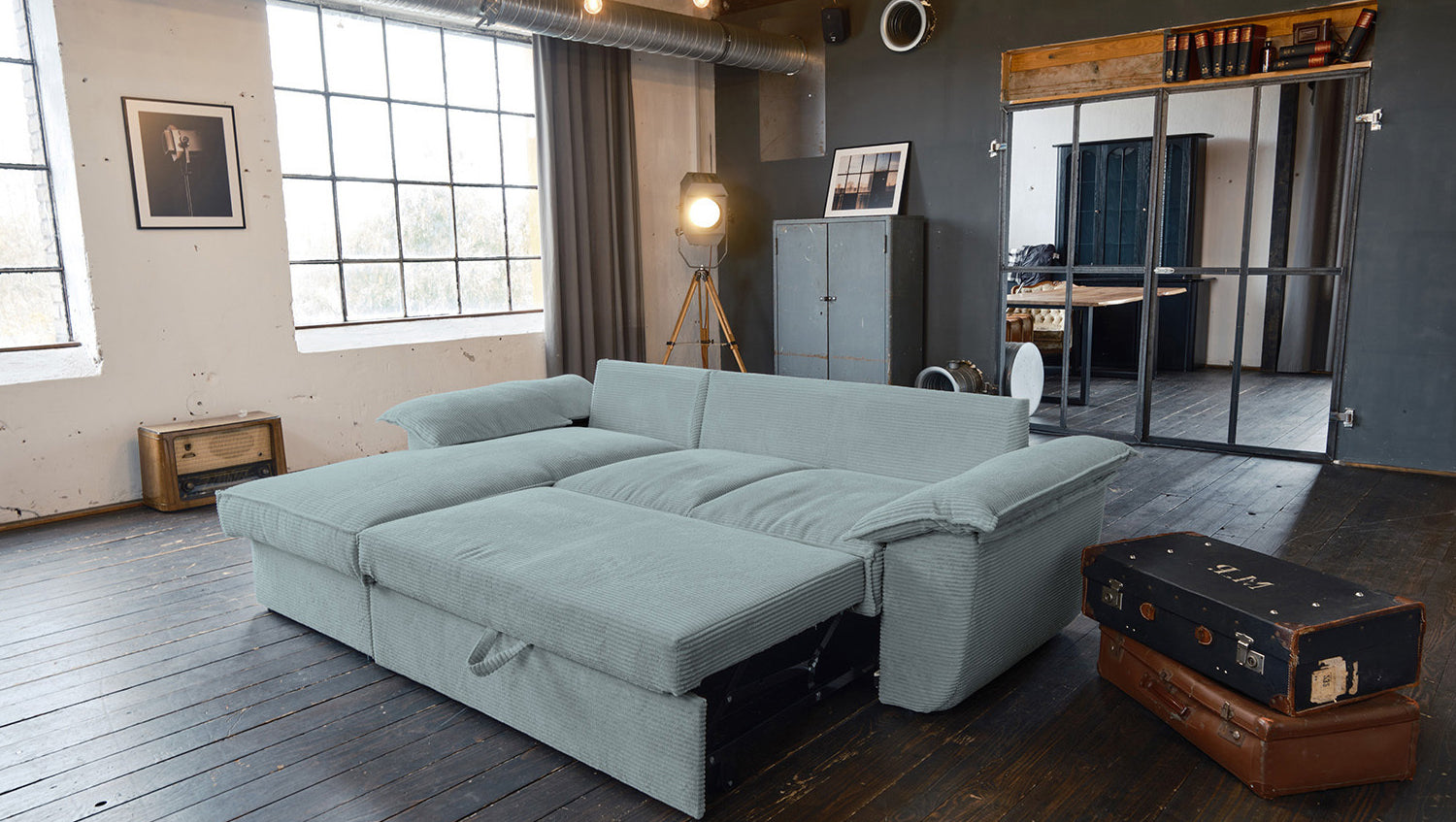 KAWOLA Sofa DAMETO Ecksofa Bettsofa Schlafsofa mit Stauraum Cord hellblau
