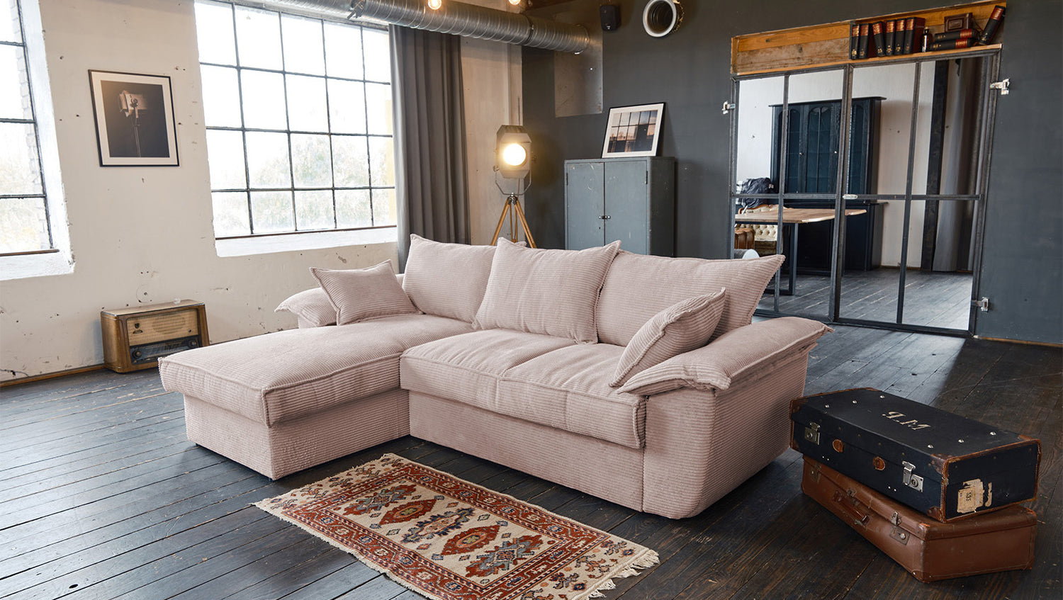 KAWOLA Sofa DAMETO Ecksofa Bettsofa Schlafsofa mit Stauraum Cord rosa