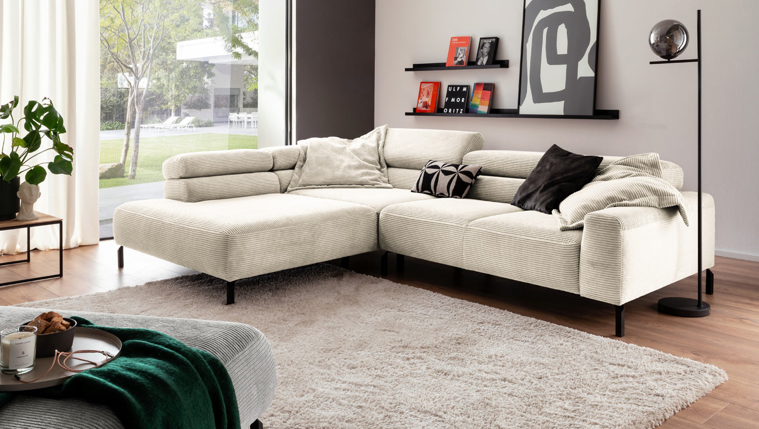 KAWOLA Sofa DELIA Ecksofa Cord cremeweiß, 312 x 219, Links, Relaxfunktion