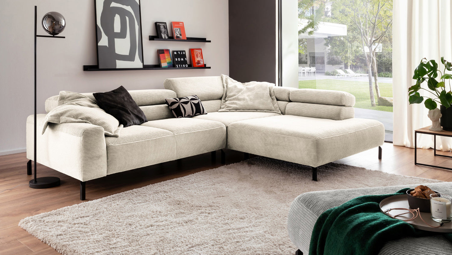 KAWOLA Sofa DELIA Ecksofa Cord cremeweiß, 312 x 219, Rechts, Relaxfunktion