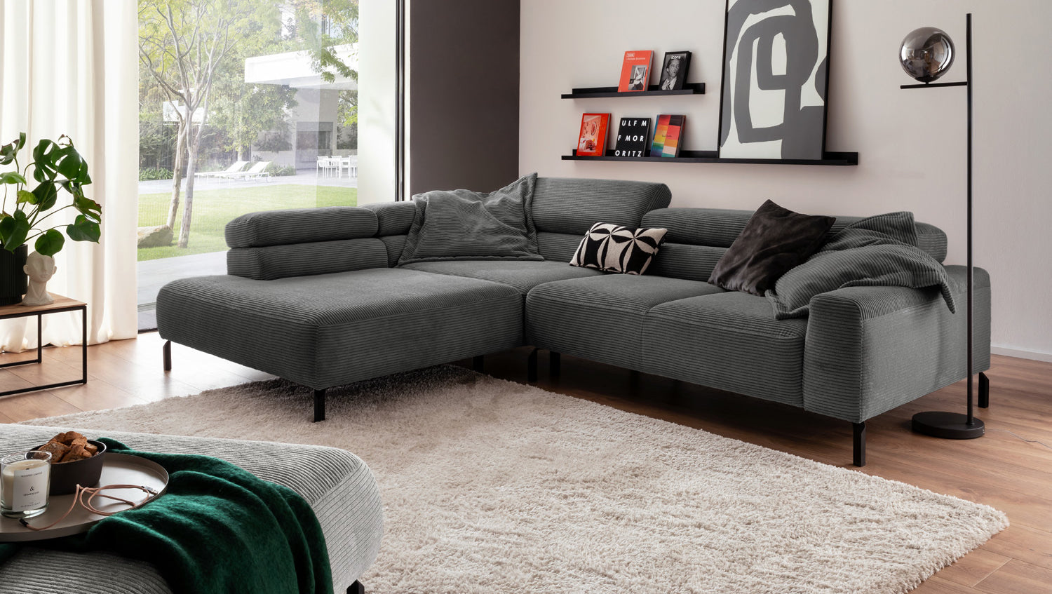 KAWOLA Sofa DELIA Ecksofa Cord grau, 312 x 219, Links, Ohne Komfortfunktion