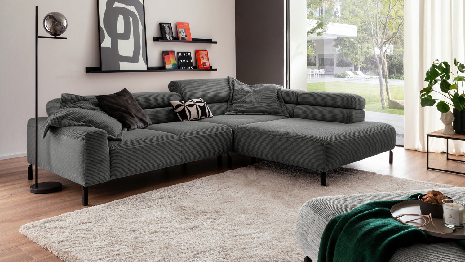KAWOLA Sofa DELIA Ecksofa Cord grau, 312 x 219, Rechts, Ohne Komfortfunktion