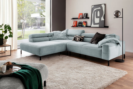 KAWOLA Sofa DELIA Ecksofa Cord hellblau, 276 x 219, Links, Relaxfunktion