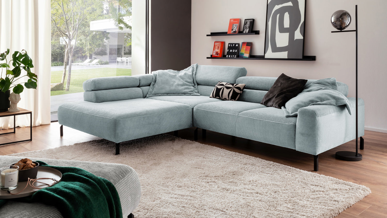KAWOLA Sofa DELIA Ecksofa Cord hellblau, 276 x 219, Links, Ohne Komfortfunktion