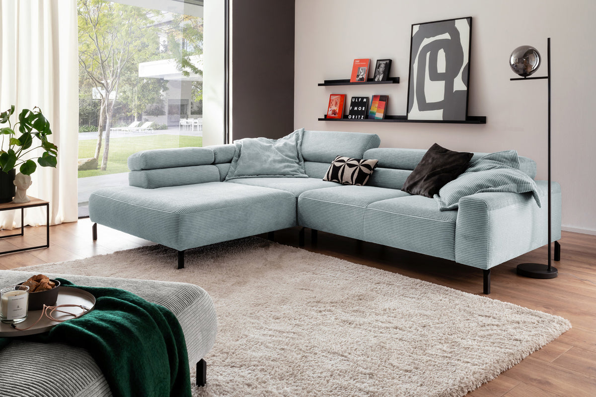 KAWOLA Sofa DELIA Ecksofa Cord hellblau, 312 x 219, Links, Relaxfunktion