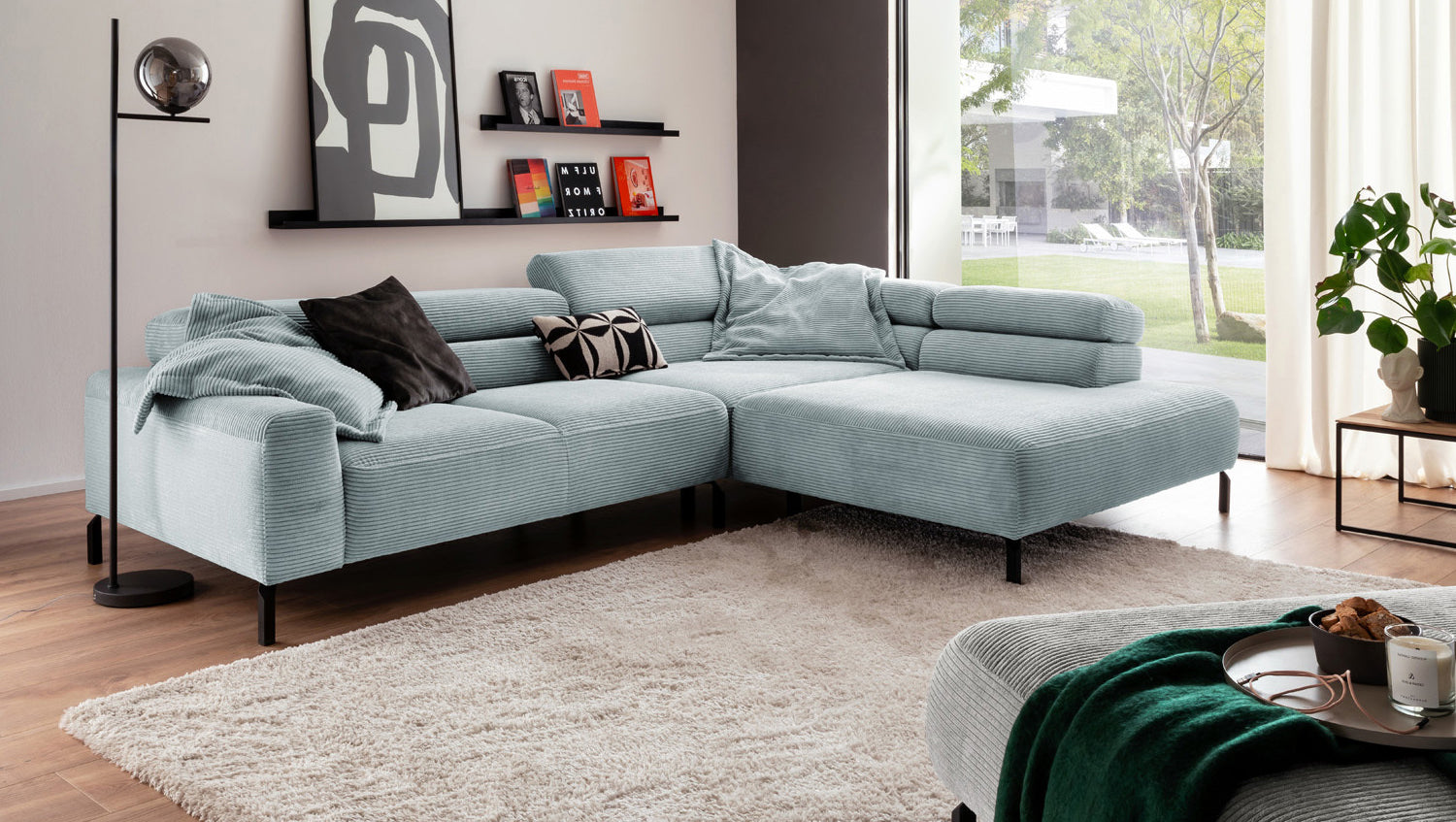 KAWOLA Sofa DELIA Ecksofa Cord hellblau, 312 x 219, Rechts, Relaxfunktion