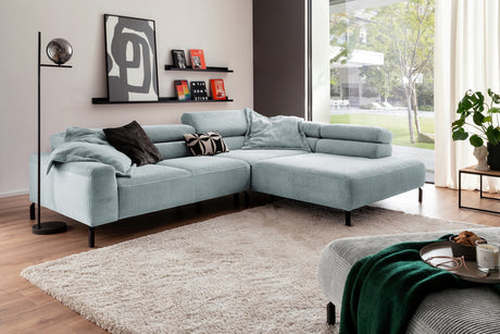 KAWOLA Sofa DELIA Ecksofa Cord hellblau, 312 x 219, Rechts, Ohne Komfortfunktion