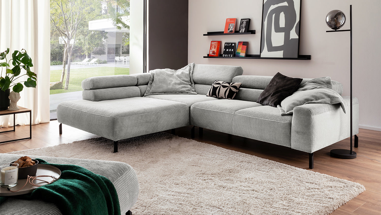 KAWOLA Sofa DELIA Ecksofa Cord hellgrau, 312 x 219, Links, Relaxfunktion