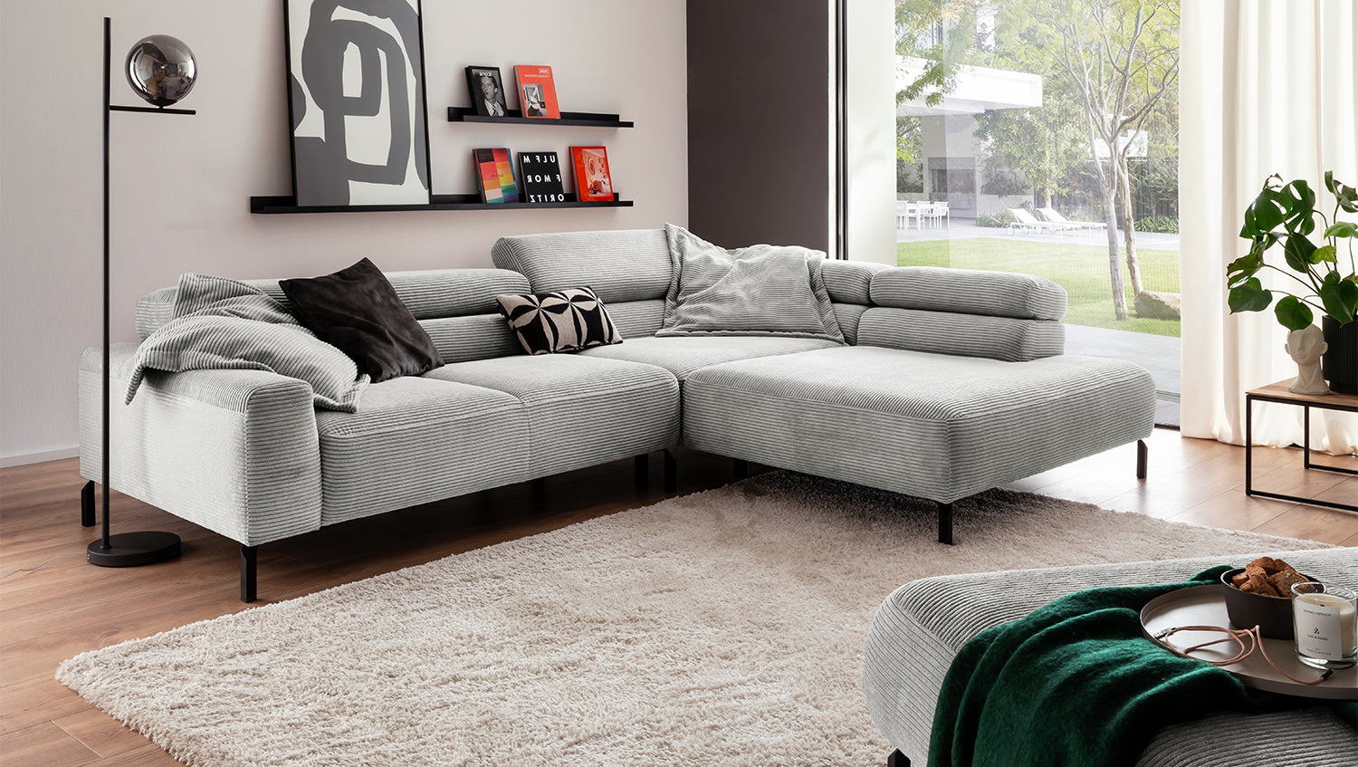 KAWOLA Sofa DELIA Ecksofa Cord hellgrau, 312 x 219, Rechts, Relaxfunktion