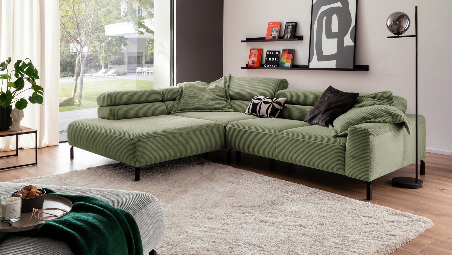 KAWOLA Sofa DELIA Ecksofa Cord olivgrün, 276 x 219, Links, Relaxfunktion