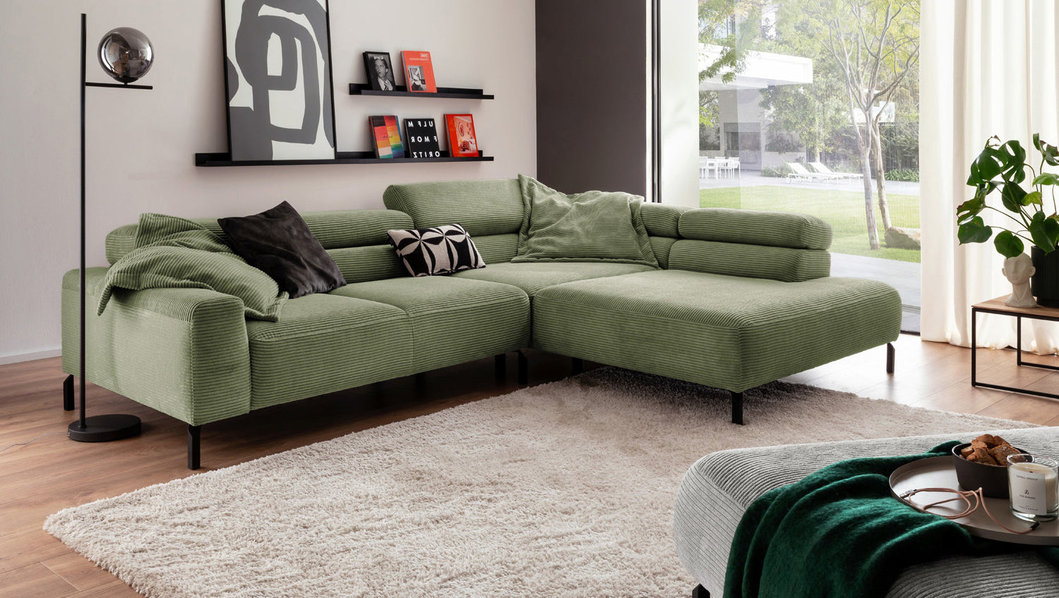 KAWOLA Sofa DELIA Ecksofa Cord olivgrün, 312 x 219, Rechts, Ohne Komfortfunktion