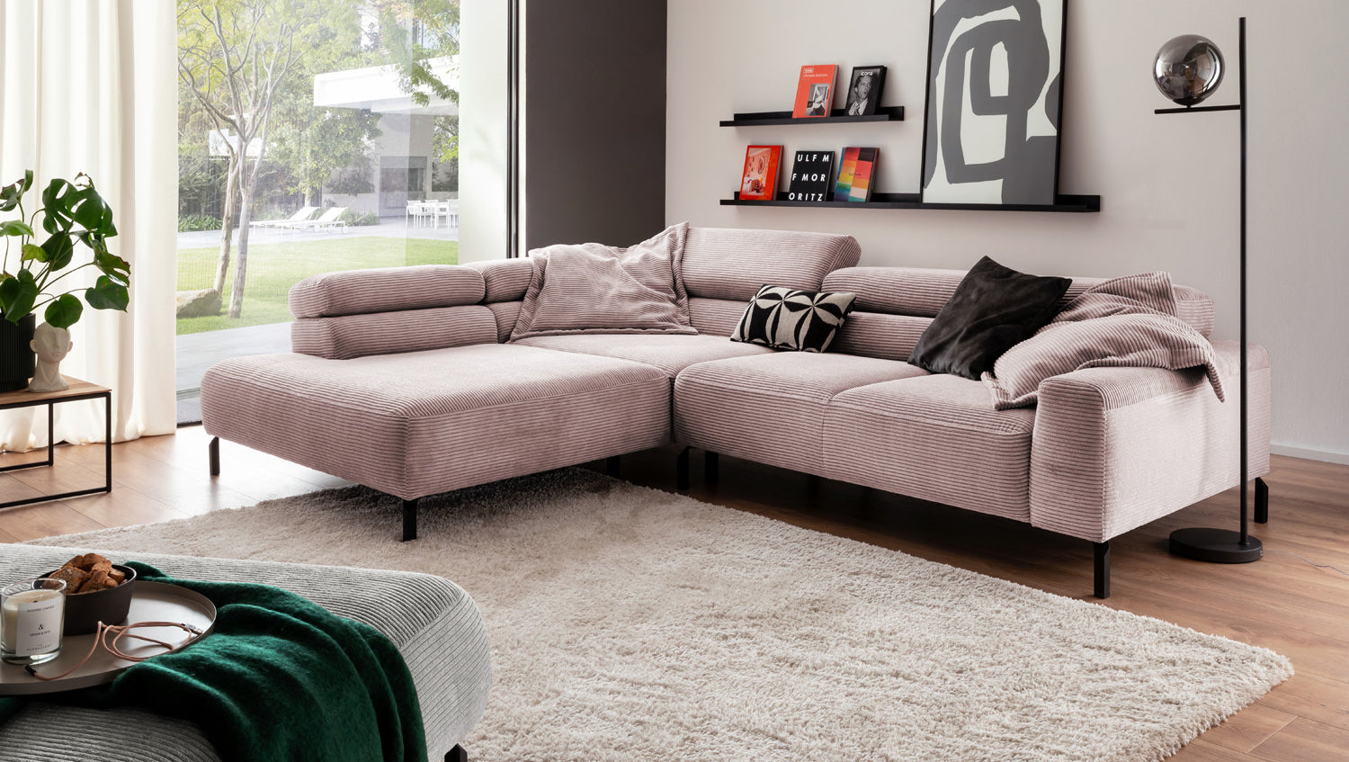 KAWOLA Sofa DELIA Ecksofa Cord rosa, 312 x 219, Links, Ohne Komfortfunktion
