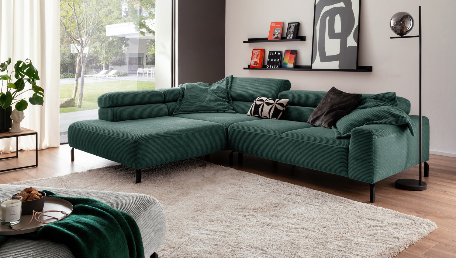 KAWOLA Sofa DELIA Ecksofa Cord smaragd, 276 x 219, Links, Relaxfunktion