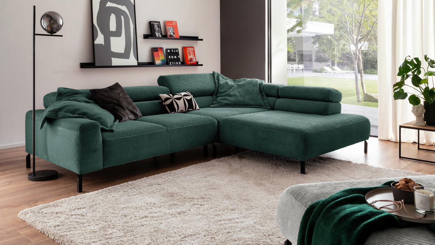 KAWOLA Sofa DELIA Ecksofa Cord smaragd, 276 x 219, Rechts, Relaxfunktion