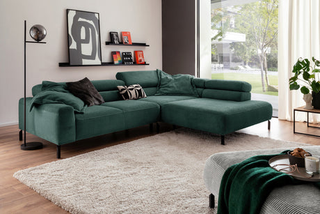 KAWOLA Sofa DELIA Ecksofa Cord smaragd, 312 x 219, Rechts, Relaxfunktion