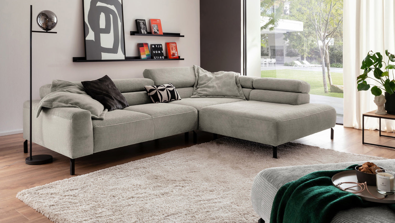 KAWOLA Sofa DELIA Ecksofa Cord steingrau, 276 x 219, Rechts, Ohne Komfortfunktion