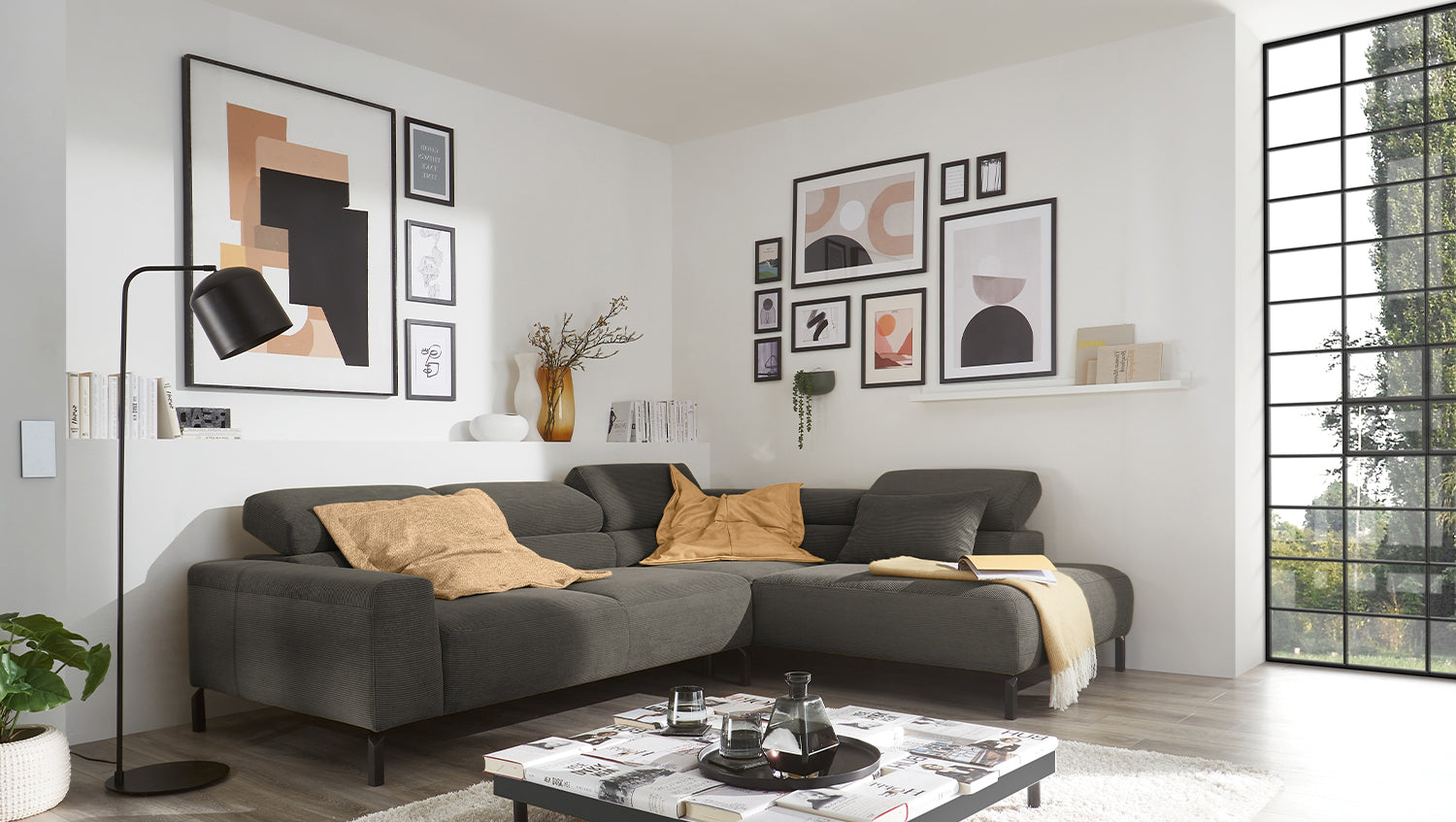 KAWOLA Sofa DELIA Ecksofa Feincord anthrazit, Rechts, Ohne Komfortfunktion
