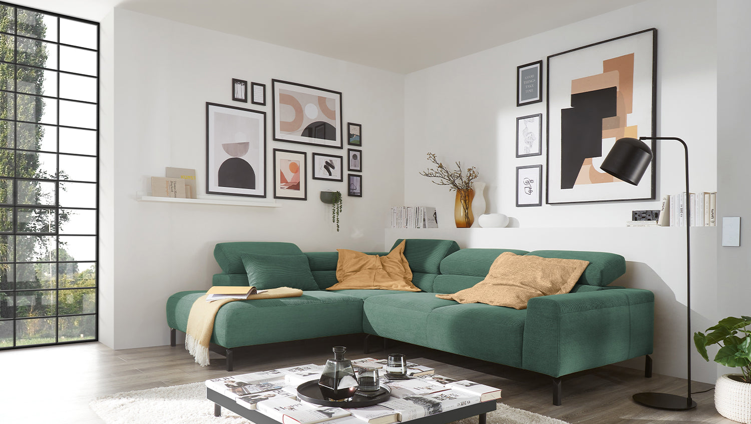 KAWOLA Sofa DELIA Ecksofa Feincord grün, Links, Relaxfunktion