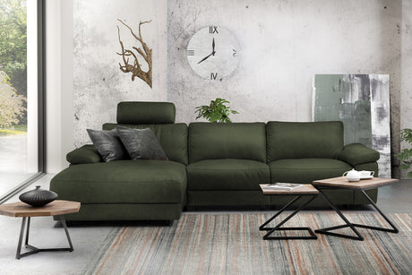 KAWOLA Sofa LOLA Ecksofa Leder moosgrün mit motorischer Relaxfunktion, 304 x 178, Links