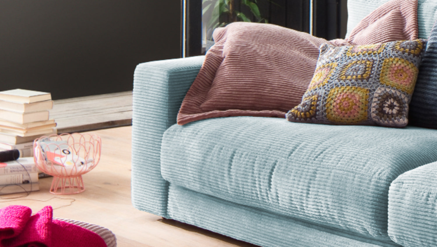 KAWOLA Sofa MADELINE 3-Sitzer Cord hellblau