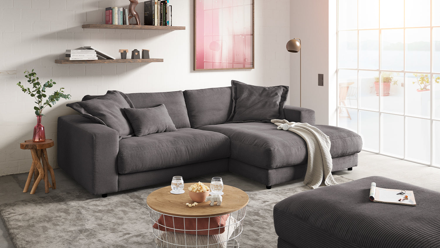 KAWOLA Sofa MADELINE Ecksofa mit Longchair Cord grau, Rechts
